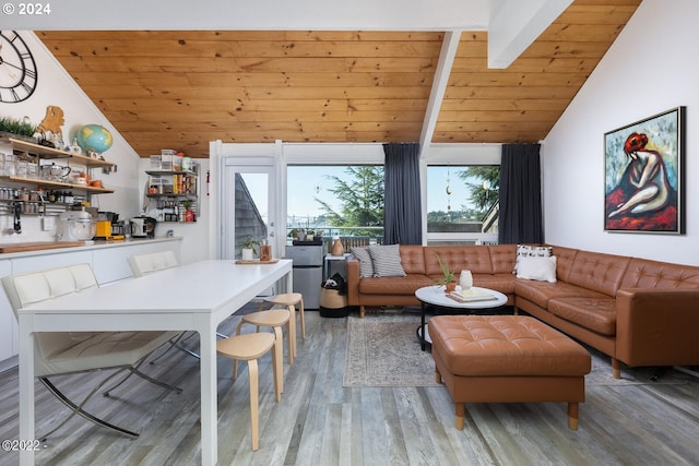 living room with lofted ceiling with beams, hardwood / wood-style flooring, a wealth of natural light, and wood ceiling