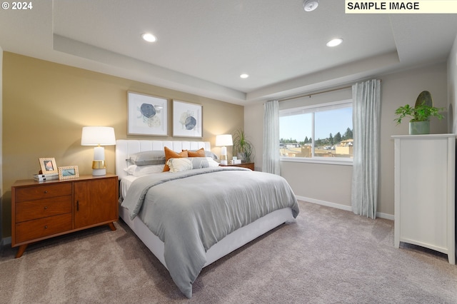 bedroom featuring a raised ceiling and carpet floors