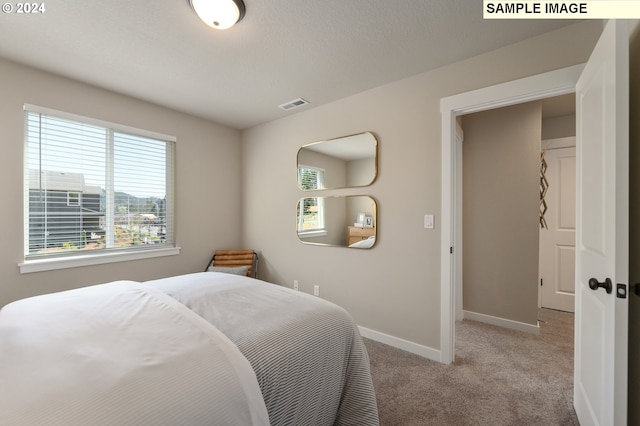 bedroom featuring light colored carpet