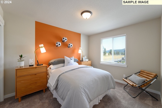 carpeted bedroom with a textured ceiling