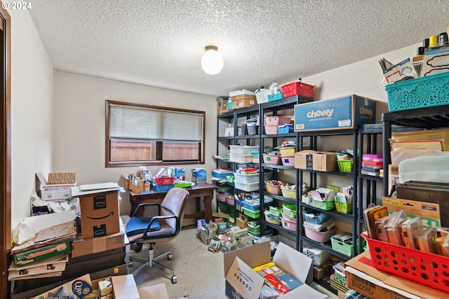 home office with carpet and a textured ceiling