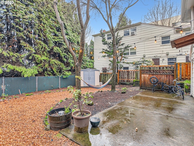 view of yard with a patio and a storage shed