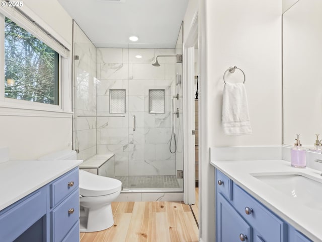 bathroom with wood-type flooring, an enclosed shower, vanity, and toilet