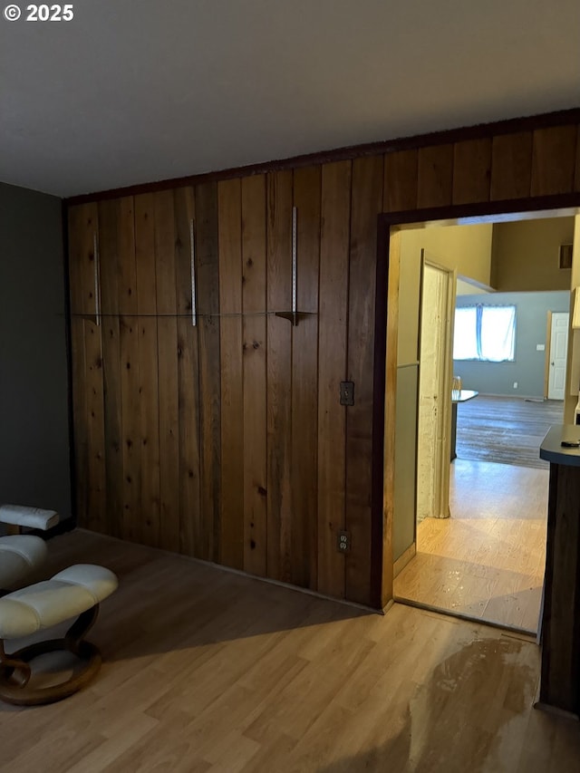 corridor featuring wood walls and light hardwood / wood-style flooring