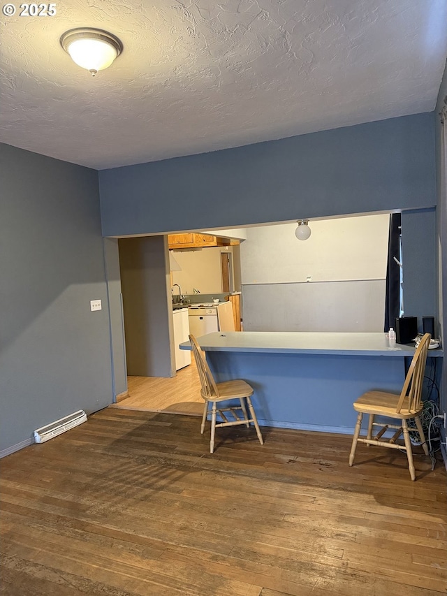 interior space featuring sink, wood-type flooring, and a textured ceiling