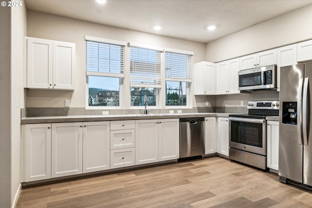 kitchen with white cabinets, appliances with stainless steel finishes, light hardwood / wood-style floors, and sink