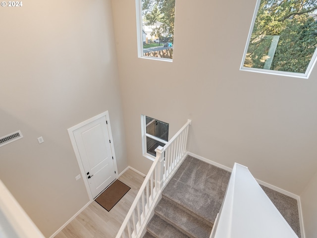 staircase featuring hardwood / wood-style flooring and a healthy amount of sunlight