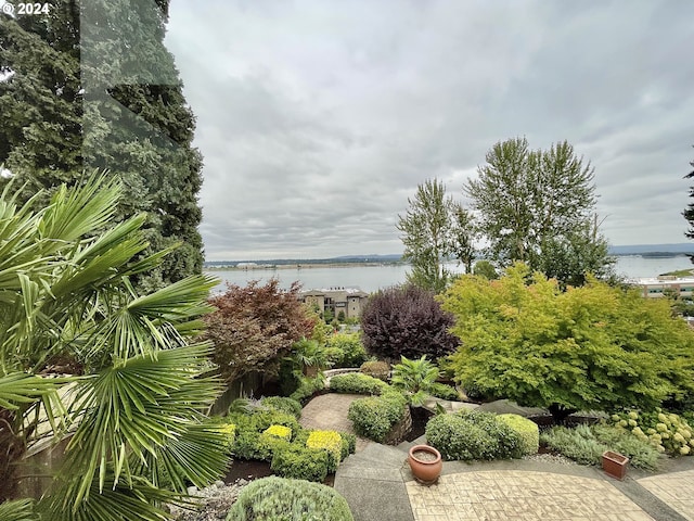 surrounding community featuring a patio and a water view