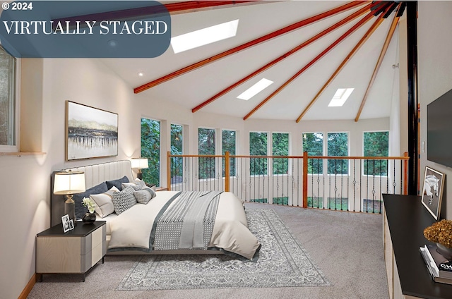 unfurnished bedroom featuring vaulted ceiling with beams, light colored carpet, and a closet