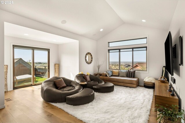 living room with light hardwood / wood-style flooring, high vaulted ceiling, and a wealth of natural light