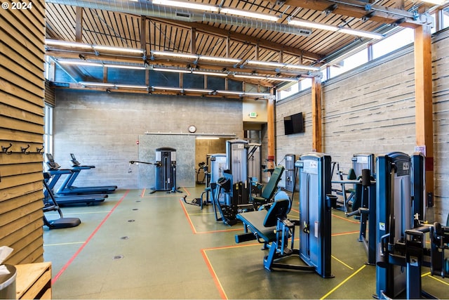 exercise room featuring a high ceiling