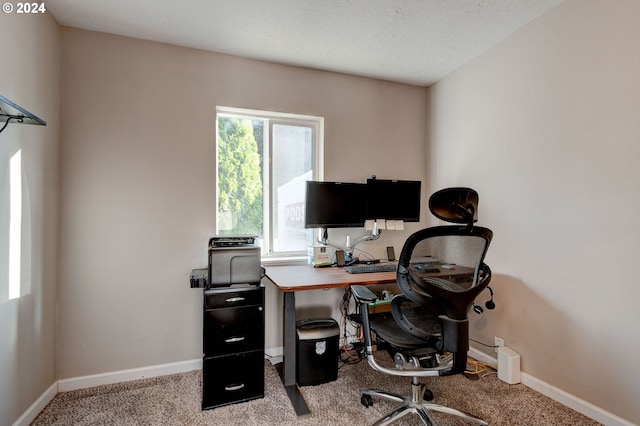 carpeted home office with a textured ceiling