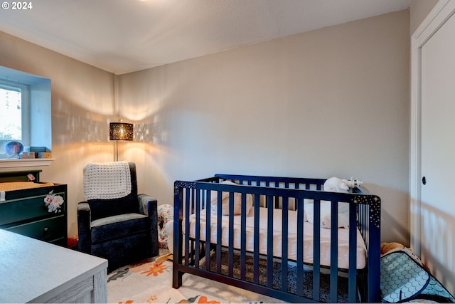 bedroom featuring a crib