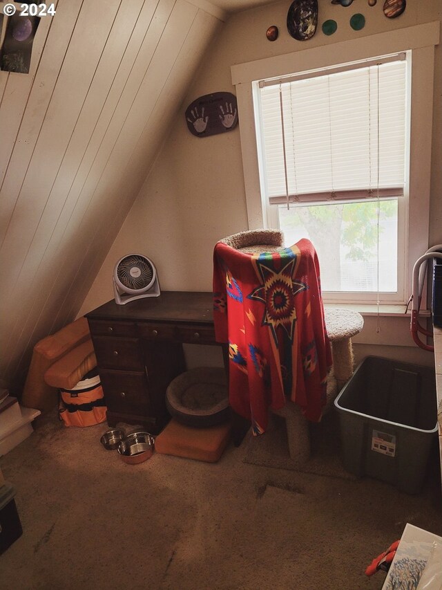 interior space with lofted ceiling and dark carpet