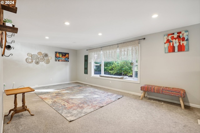 living area with carpet flooring