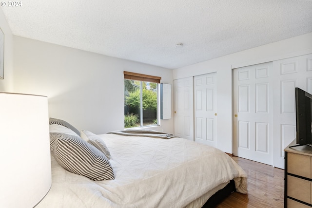 bedroom featuring wood-type flooring, multiple closets, and a textured ceiling