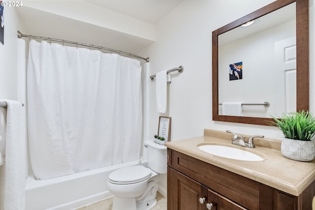 full bathroom featuring shower / tub combo, vanity, and toilet