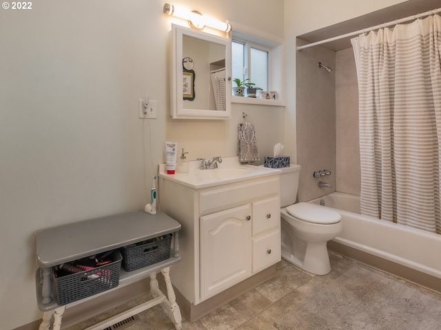 full bathroom with toilet, tile patterned floors, vanity, and shower / tub combo with curtain