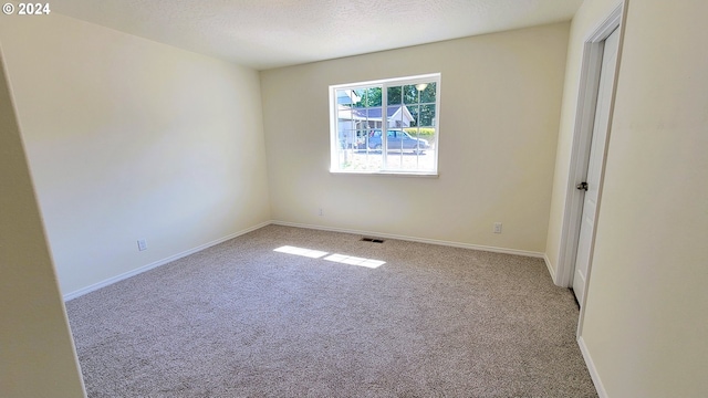 spare room featuring light colored carpet and a textured ceiling