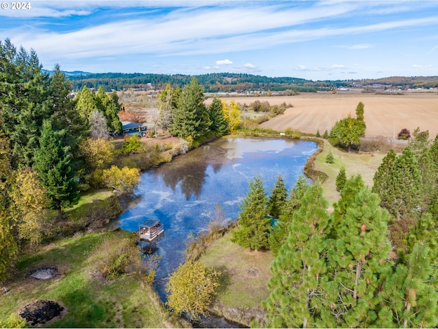 drone / aerial view with a rural view and a water view