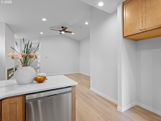 kitchen featuring light wood-style floors, recessed lighting, baseboards, and stainless steel dishwasher