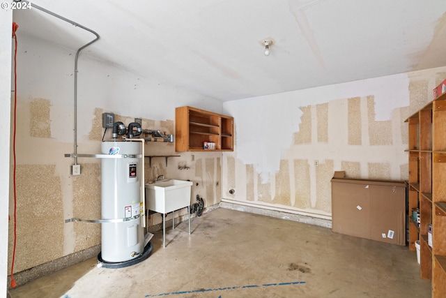 basement featuring sink and secured water heater