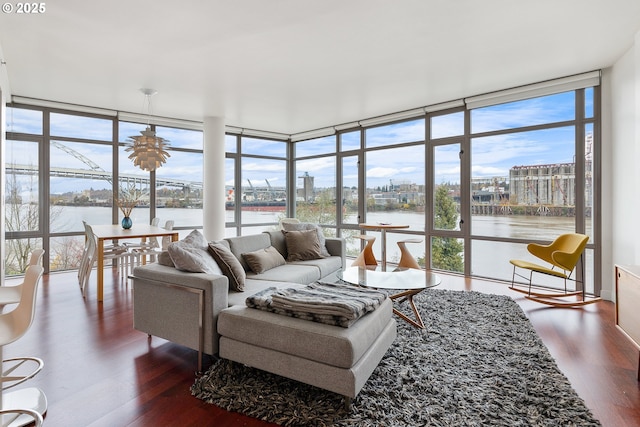 living room featuring a water view, a wall of windows, and dark wood-type flooring