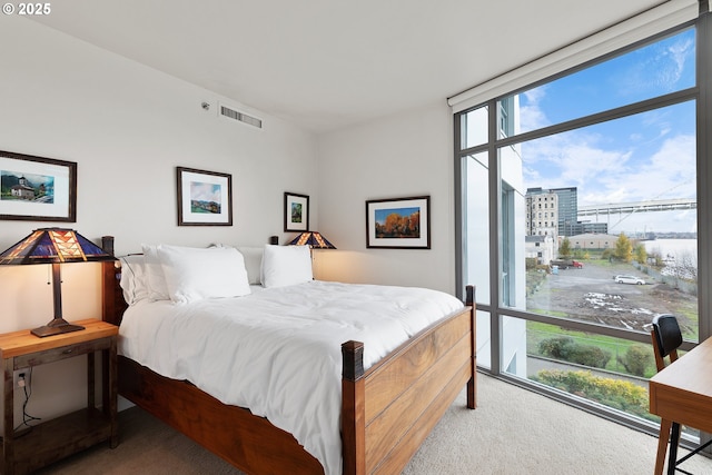 carpeted bedroom featuring floor to ceiling windows