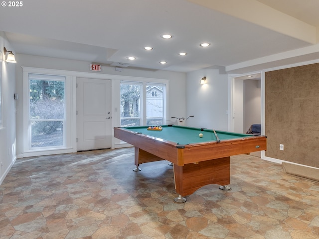 recreation room featuring recessed lighting, stone finish flooring, baseboards, and pool table