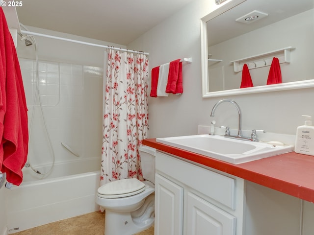 full bathroom with shower / bath combination with curtain, toilet, and vanity