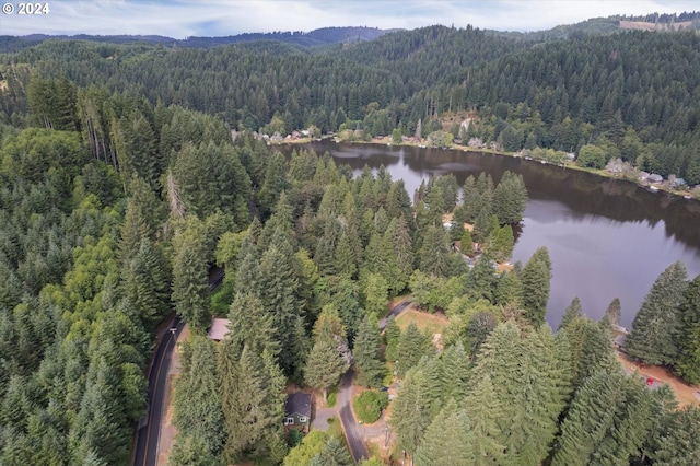 aerial view with a water view and a wooded view