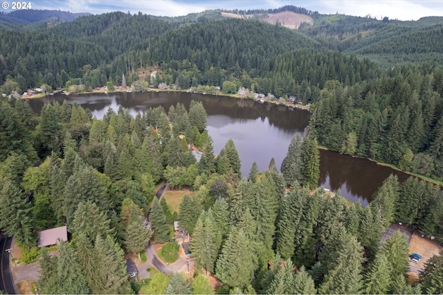 aerial view of property and surrounding area with a heavily wooded area and a water and mountain view