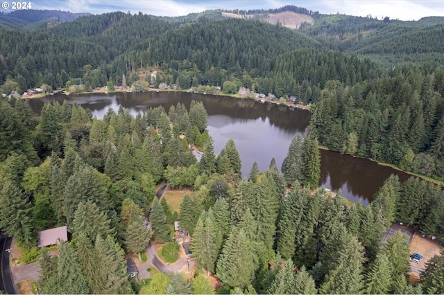 aerial view featuring a forest view and a water view