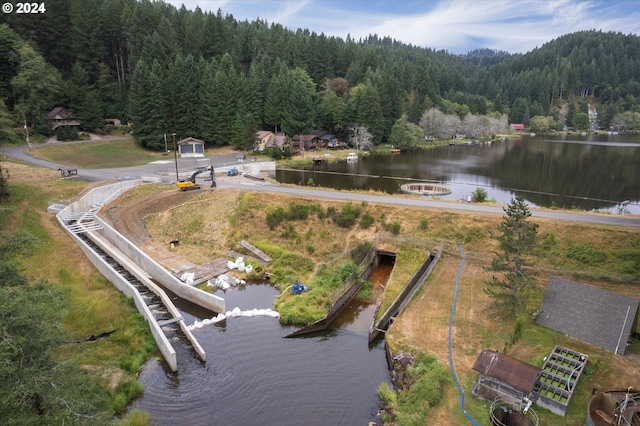 aerial view featuring a water view