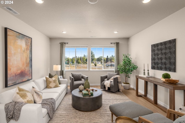 living room with light hardwood / wood-style flooring and a textured ceiling