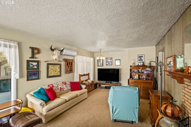 carpeted living room featuring an inviting chandelier, a wall unit AC, and a textured ceiling