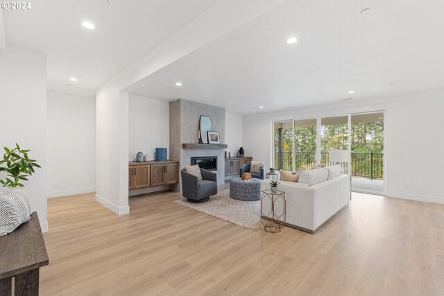 living room featuring light hardwood / wood-style floors and a fireplace