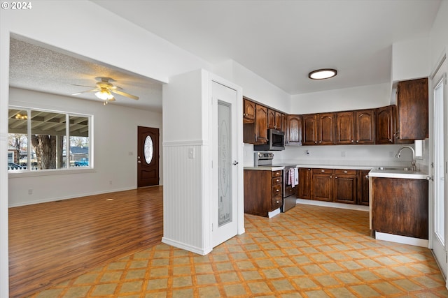 kitchen with stainless steel appliances, light wood-type flooring, dark brown cabinets, sink, and ceiling fan