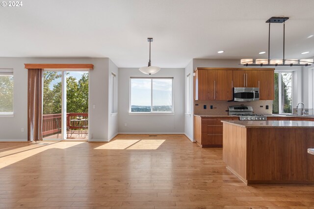 kitchen featuring decorative light fixtures, stainless steel appliances, and plenty of natural light