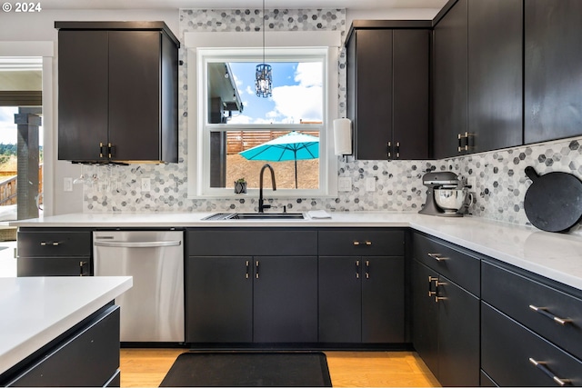 kitchen with pendant lighting, decorative backsplash, stainless steel dishwasher, and sink