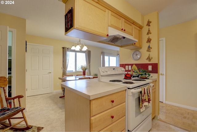 kitchen with light brown cabinets, light parquet flooring, white range with electric cooktop, and a notable chandelier