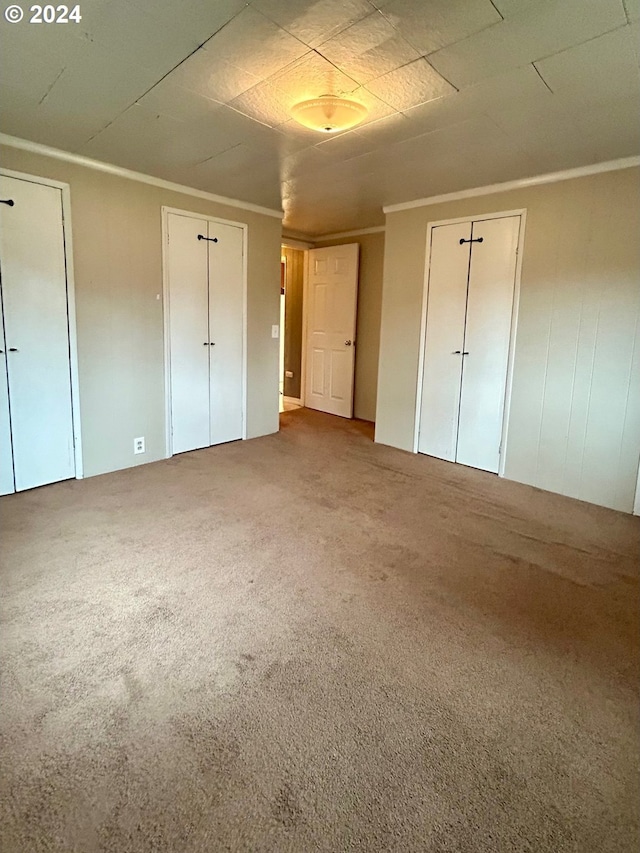 unfurnished room featuring ornamental molding and carpet