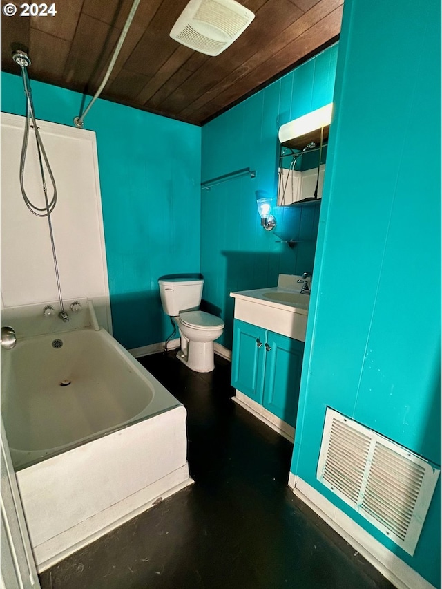 bathroom with wooden ceiling, toilet, vanity, and washtub / shower combination