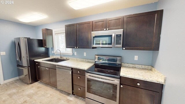 kitchen featuring sink, stainless steel appliances, and dark brown cabinets