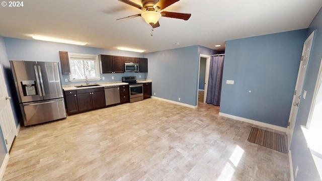 kitchen featuring ceiling fan, light hardwood / wood-style floors, sink, dark brown cabinetry, and stainless steel appliances