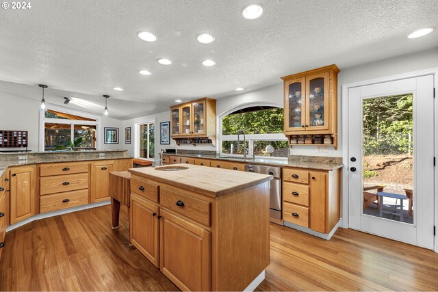 kitchen featuring lofted ceiling, light hardwood / wood-style flooring, a textured ceiling, and stainless steel dishwasher