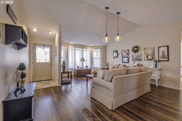 living room featuring vaulted ceiling and dark hardwood / wood-style flooring