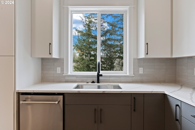 kitchen with white cabinetry, a wealth of natural light, sink, and dishwasher