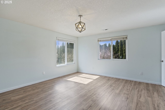 empty room featuring baseboards, a textured ceiling, a healthy amount of sunlight, and wood finished floors