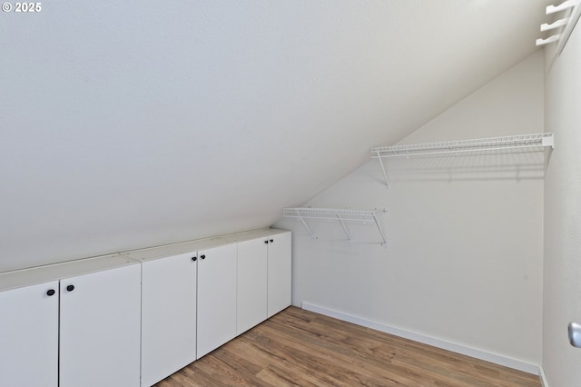 walk in closet with lofted ceiling and wood finished floors